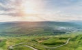 Panoramic view of valley with village and rural road Royalty Free Stock Photo