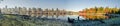 Panoramic view of Vancouver skyline at sunrise as seen from Stanley Park. Royalty Free Stock Photo