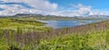 Panoramic view at Vassijaure lake in Swedish Norrbotten. Polar birch tundra is at foreground, mountain landscape with Rohccevarri