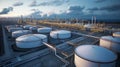 A panoramic view of a vast oil and gas storage facility containing towering tanks and pipelines for storing and