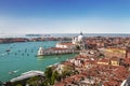 Panoramic view on Venice and the Basilica Santa Maria della Salute from the bell tower of St. Mark`s Cathedra Royalty Free Stock Photo