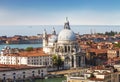 Panoramic view on Venice and the Basilica Santa Maria della Salute from the bell tower of St. Mark`s Cathedral Royalty Free Stock Photo