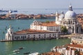 Panoramic view on Venice and the Basilica Santa Maria della Salute from the bell tower of St. Mark`s Cathedral Royalty Free Stock Photo