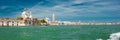 Panoramic view of Venice. Basilica of Santa Maria della Salute, Doge`s Palace and bell tower of St. Mark`s Cathedra Royalty Free Stock Photo