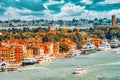 Panoramic view of Venice from the Campanile tower of St. Mark`s Cathedral Campanile di San Marco- seafront promenade near St.