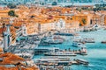 Panoramic view of Venice from the Campanile tower of St. Mark`s Cathedral Campanile di San Marco- seafront promenade near St.