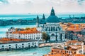 Panoramic view of Venice from the Campanile tower of St. Mark`s Cathedral.Temple San Giorgio Maggiore Chiesa di San Giorgio