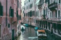 Panoramic view of Venice narrow canal with historical buildings and boat Royalty Free Stock Photo