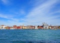 Panoramic view of venice from the sea showing the zattere salute area with the church of santa maria del rosario and waterfront Royalty Free Stock Photo
