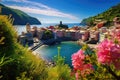 Panoramic view of Vernazza in Cinque Terre, Italy, Panorama of Vernazza and suspended garden, Cinque Terre National Park, Liguria Royalty Free Stock Photo