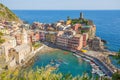 Aerial view of Vernazza, 5 Terre, La Spezia province, Ligurian coast, Italy. Royalty Free Stock Photo