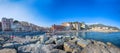 Panoramic view of Vernazzola Beach, colorful houses village in Genoa, Italy.