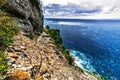 Panoramic view of vertical trail path over the sea, Liguria, Portofino