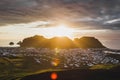 Panoramic view of Vestmannaeyjar island in Iceland from peak of Eldfell volcano