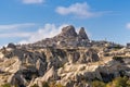 Panoramic view of village and fortress Uchisar in Cappadocia, Turkey. Turkish cave, historic famous place and landscape Royalty Free Stock Photo