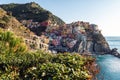 Panoramic view on village of Manarola town, Cinque terre national park, Liguria, Italy Royalty Free Stock Photo