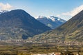 Panoramic view of vineyard and apple orchard in the mountains  at Merano. Italy Royalty Free Stock Photo