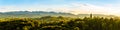 Panoramic view from vineyard to green hills of south styrian wine route in Austria in sunset. Glanz an der Weinstrasse.