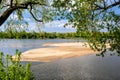 Vistula river waters with sandy islands and shores of Lawice Kielpinskie natural reserve near Lomianki town