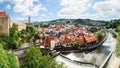 Panorama of Vltava river bend and Cesky Krumlov castle, old town and St. Vitus church, Cesky Krumlov, Czech Republic