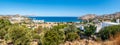 Panoramic view of Vlycha bay beach with hotels near Lindos village Rhodes, Greece Royalty Free Stock Photo