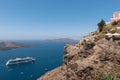 Panoramic view on volcanic caldera from cliff of Santorini island, Greece Royalty Free Stock Photo