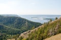 View of Volga riverbed and wooded the Zhiguli mountains from top of Strelnaya mount. Royalty Free Stock Photo