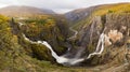 Panoramic view of Voringsfossen waterfall, Mabodalen valley Norway. National tourist Hardangervidda route, Eidfjord, Royalty Free Stock Photo