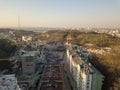 Panoramic view of Vozdvizhenka district and Bald mountain, Kiev, Ukraine. Drone photography Royalty Free Stock Photo