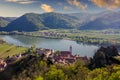 Panoramic view of Wachau valley with the historic town of Durnstein. Danube river in evening light at sunset, Austria