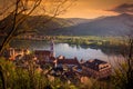Panoramic view of Wachau valley with the historic town of Durnstein. Danube river in evening light at sunset, Austria