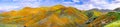 Panoramic view in Walker Canyon during the superbloom, California poppies covering the mountain valleys and ridges, Lake Elsinore