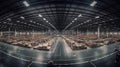 Panoramic view of warehouse with rows of cardboard boxes