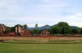 Panoramic view of Wat Mahathat or Mahathat Temple in Sukhothai Historical Park in Thailand. Royalty Free Stock Photo