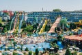 Panoramic view of Water park Action in Sunny Beach with number of slides and swimming pools for children and adults. Royalty Free Stock Photo