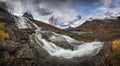 Panoramic view on waterfalls on Fluo river, Innerdalen valley below. Trollheimen national park in Norway Royalty Free Stock Photo