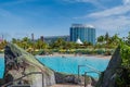 Panoramic view of Waturi Beach and Cabana Bay Hotel at Volcano Bay in Universal Studios area 5 Royalty Free Stock Photo
