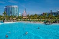 Panoramic view of Waturi Beach and Cabana Bay Hotel at Volcano Bay in Universal Studios area 4 Royalty Free Stock Photo