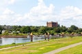 Panoramic view of the Weser River in the center of Bremen, Germany. Ancient water tower in the background Royalty Free Stock Photo