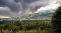 Panoramic view of Westbury White Horse against dramatic sunset sky near Westbury, Wiltshire, UK Royalty Free Stock Photo