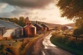 panoramic view of whisky distillery in rural setting