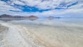 Panoramic view of the white salt beach at lake of Bonneville Salt Flats, Wendover, Western Utah, USA, America. Beautiful mountain Royalty Free Stock Photo