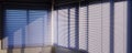 Panoramic view of White Venetian blinds with sunlight and shadow