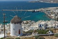 Panoramic view of white windmill and island of Mykonos, Greece Royalty Free Stock Photo