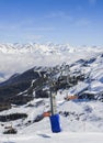 Panoramic view of wide and groomed ski piste in resort of Pila in Valle d`Aosta, Italy during winter Royalty Free Stock Photo