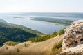 Panoramic view of wide Volga riverbed from top of mount Strelnaya of Zhiguli mountains. Royalty Free Stock Photo