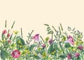Panoramic view of wild meadow flowers and grass on yellow background.