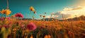 A panoramic view of a wildflower meadow is set against a Blumenwiese background Royalty Free Stock Photo