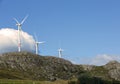 Panoramic view of wind farm or wind park, with high wind turbines for generation electricity with copy space. Green energy concept Royalty Free Stock Photo