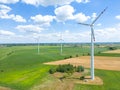 Panoramic view of wind farm or wind park, with high wind turbines for generation electricity with copy space. Green energy concept Royalty Free Stock Photo